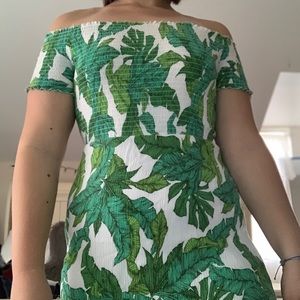 Tropical print off-the-shoulder dress